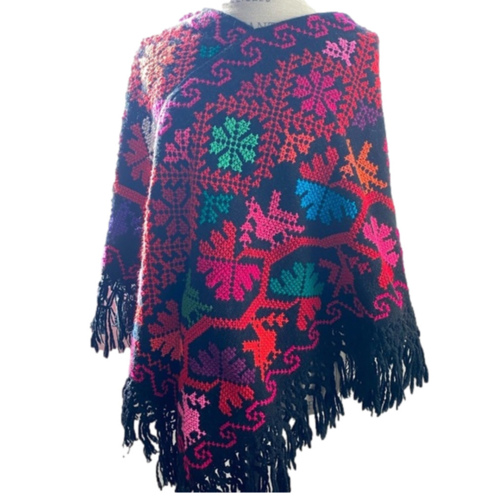 𝅺vintage Mexican Handmade Wool Mananita Party Celebration Poncho Fits S & M